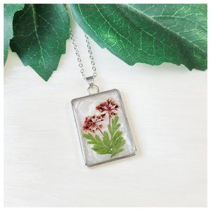Floral Pendant Necklace Red Green and Pearl White Pressed Dried Flower Necklace